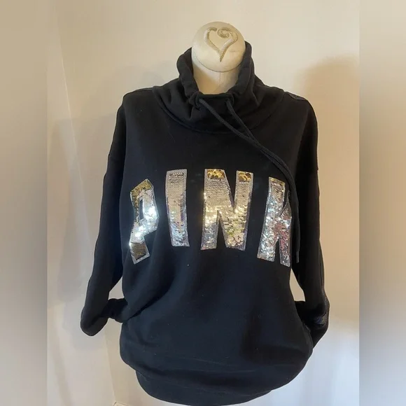 VICTORIAS SECRET PINK COWL NECK PULLOVER HOODIE FASHION SHOW 2018 RAINBOW SEQUIN - Picture 2 of 4